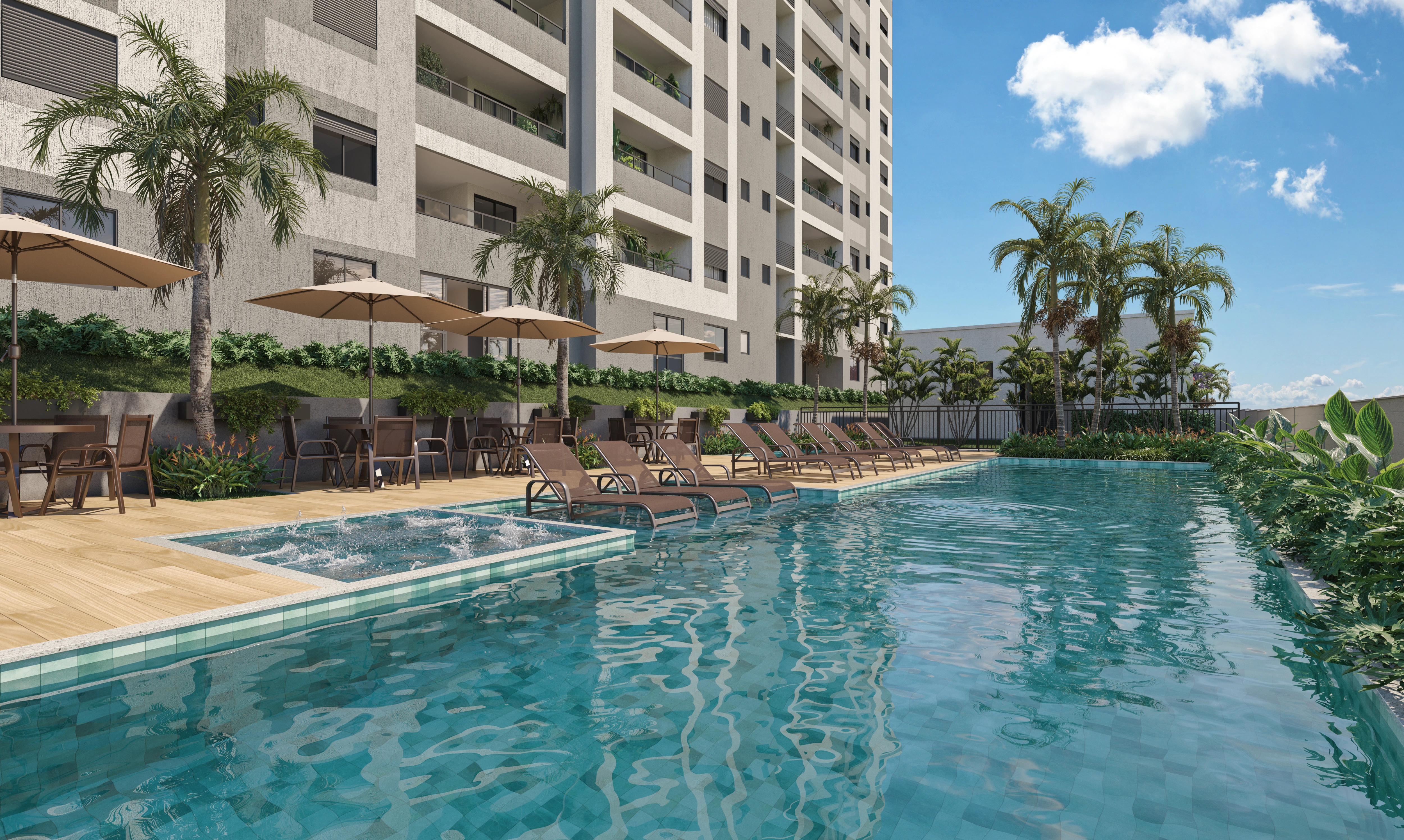 Piscina com deck molhado e solarium